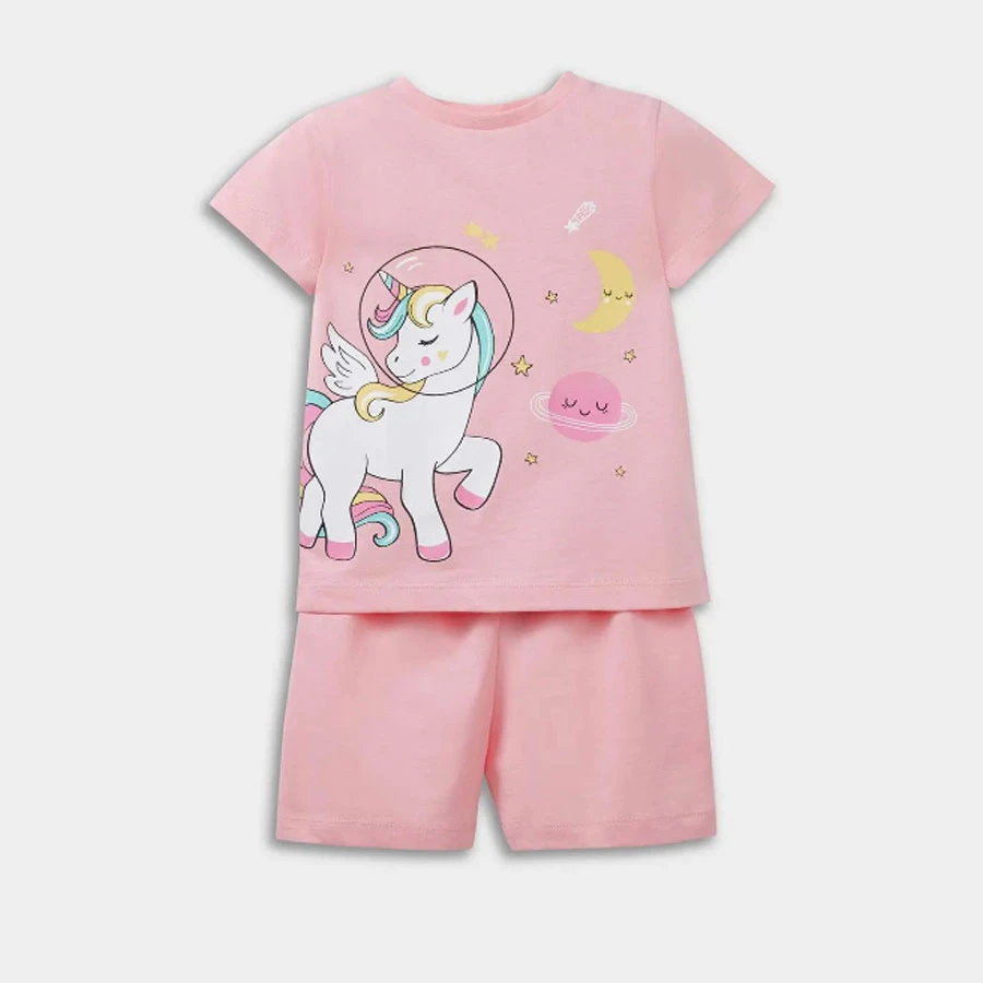 Defacto Baby Girl Pajamas Set Unicorn Printed Short Sleeve Combed Cotton Top Elastic Waist Shorts