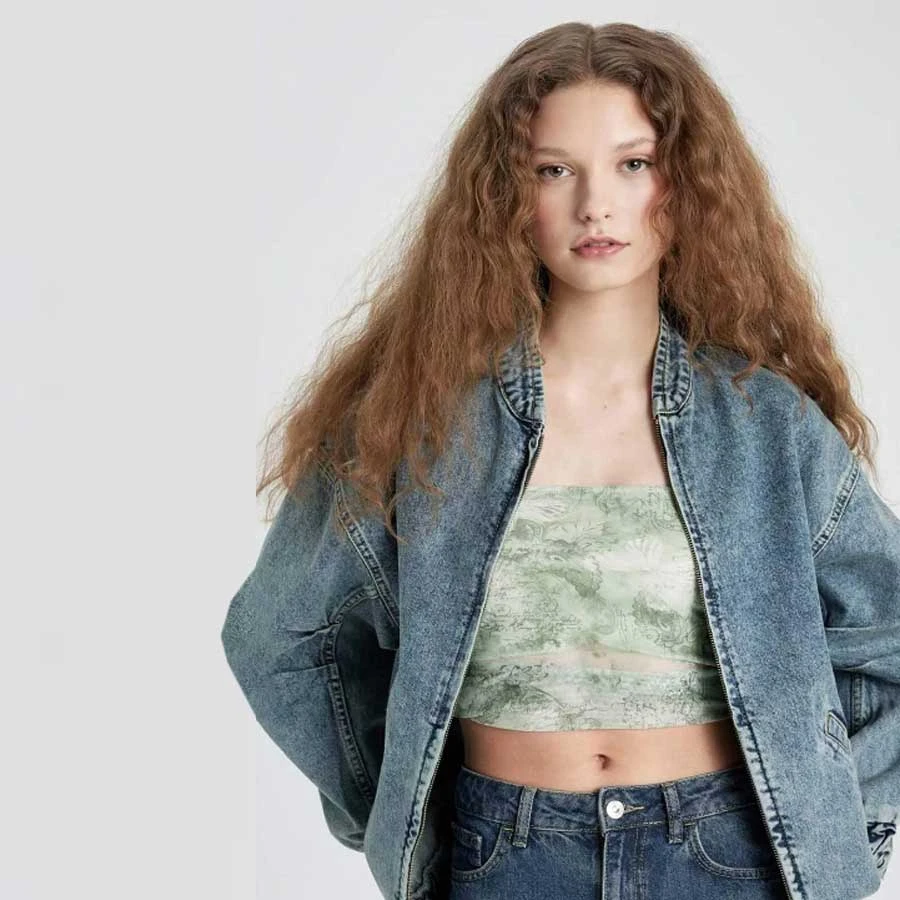 Defacto Oversize Wide Fit Jean Bomber Jacket College Collar Zipper Double Pocket