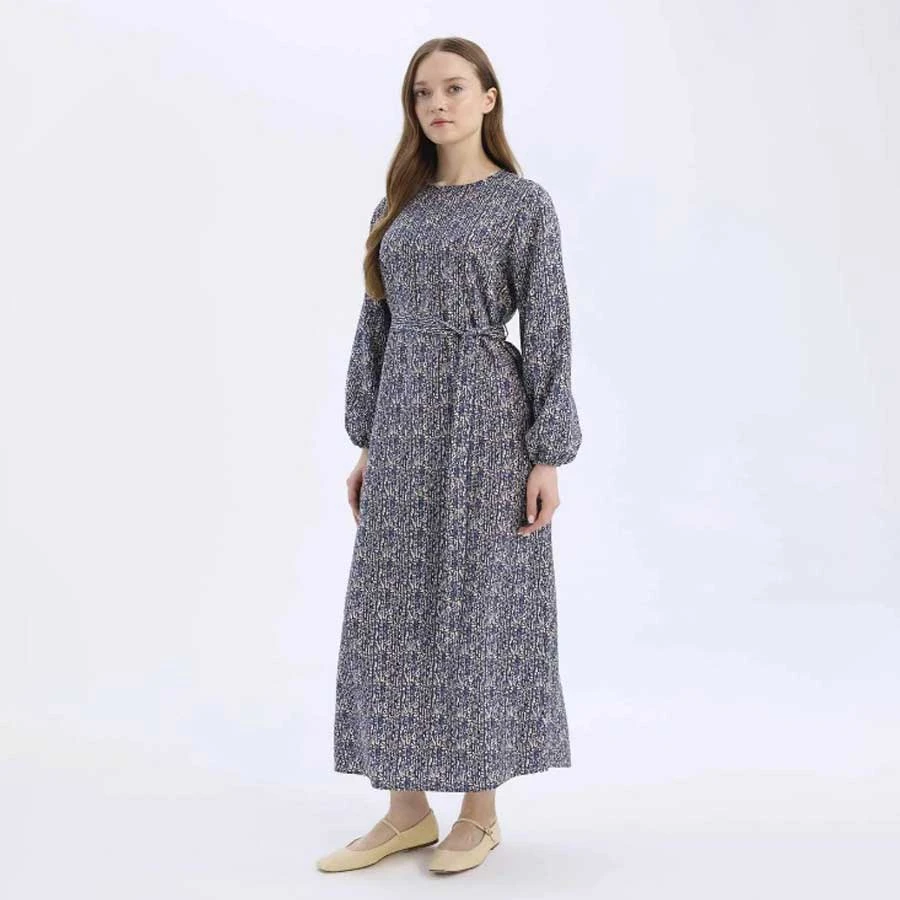 Defacto Regular Fit Crew Neck Print Belted Long Sleeve Maxi Dress
