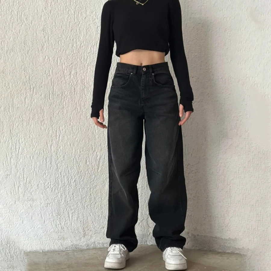 Shield Life 2024 New Model - Black Baggy Jeans with Adjustable Waist Buckle and Wide Leg