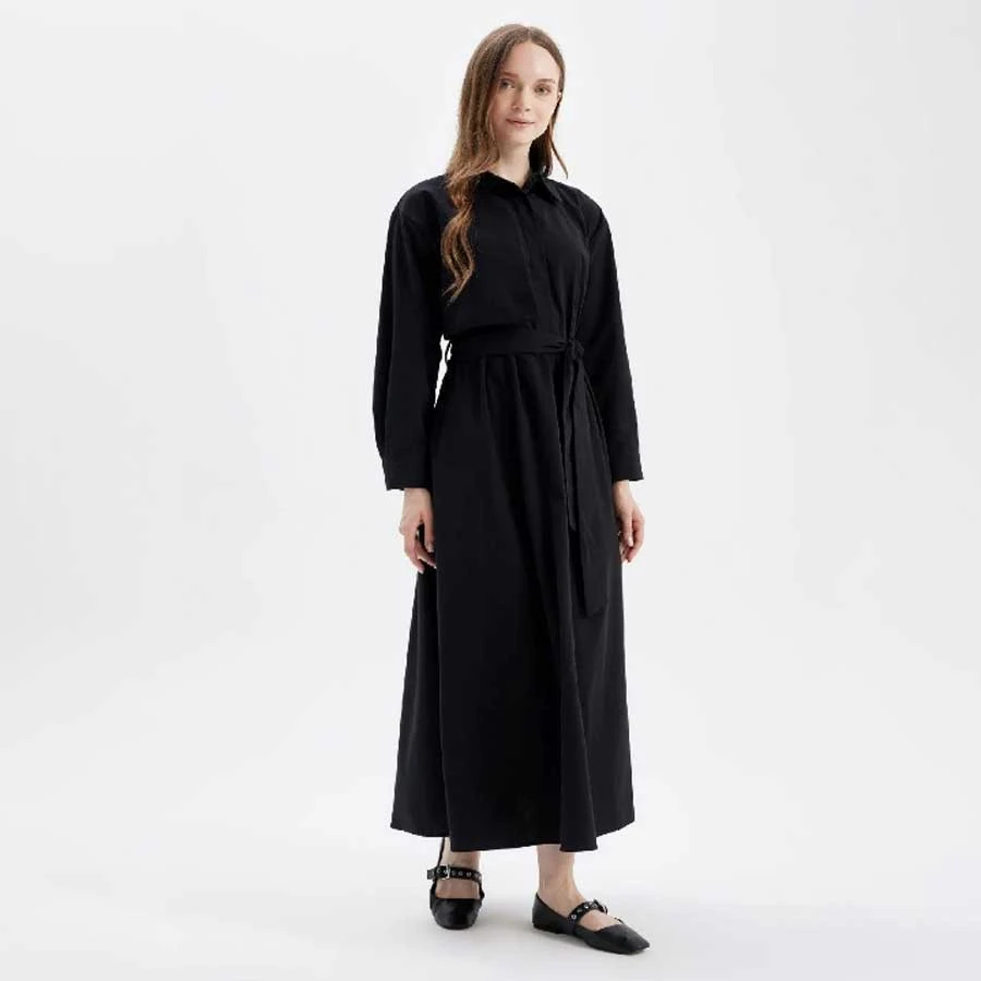 Defacto Poplin Shirt Collar Maxi Black Dress with Belt and Long Sleeves