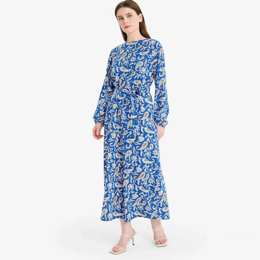 Defacto Regular Fit Crew Neck Patterned Belted Long Sleeve Maxi Dress
