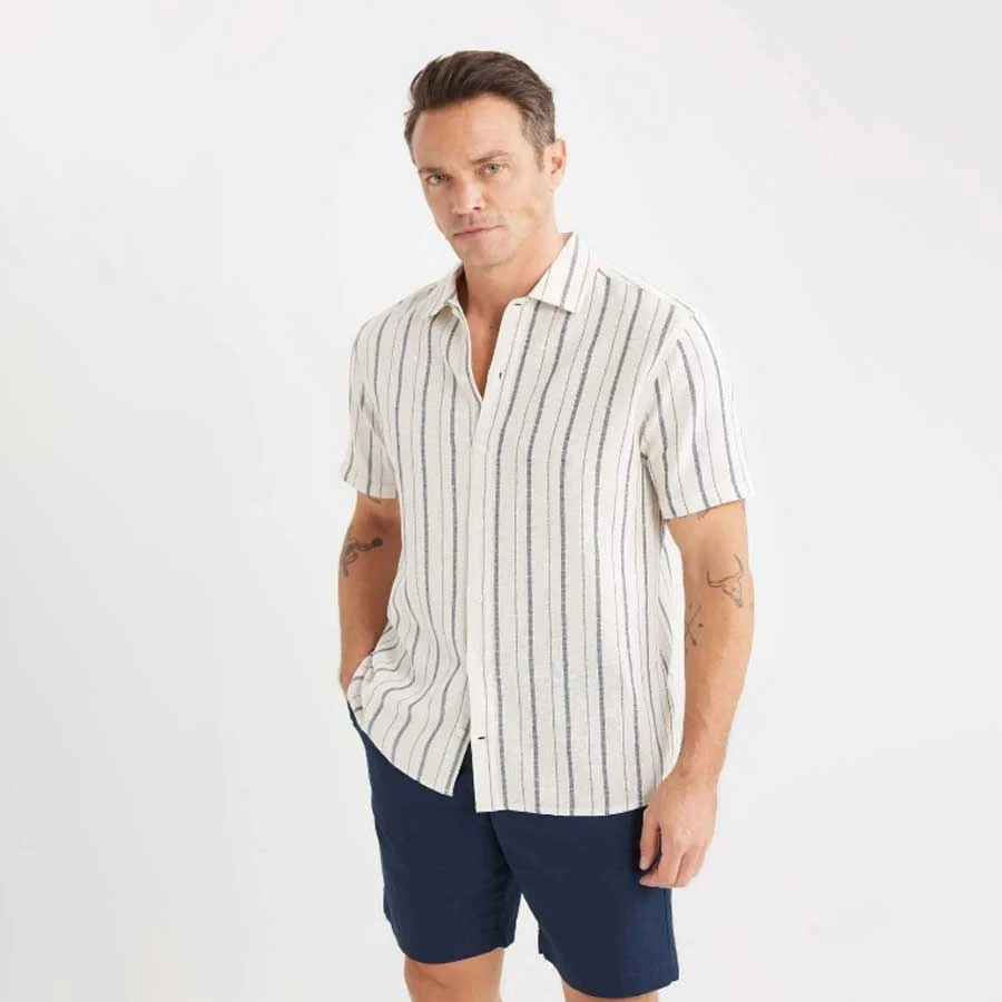 Defacto Regular Fit Summer Polo Collar Striped Cotton Short Sleeve Shirt