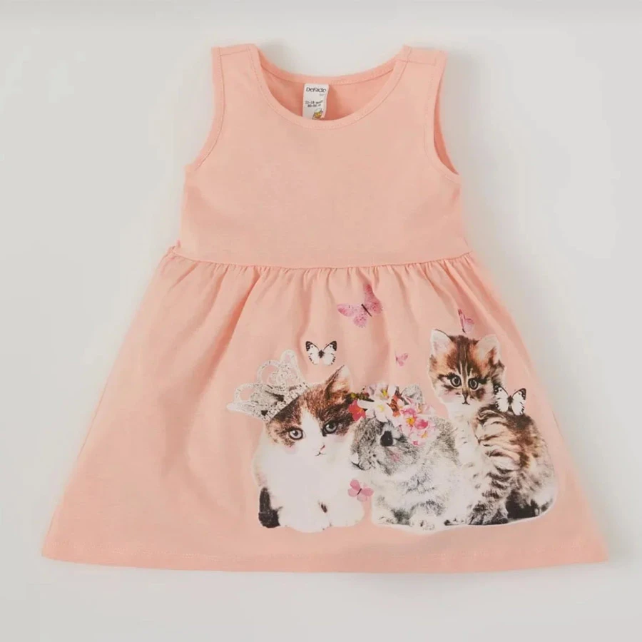Defacto Baby Girl Cat Printed Sleeveless Cotton Knitted Dress