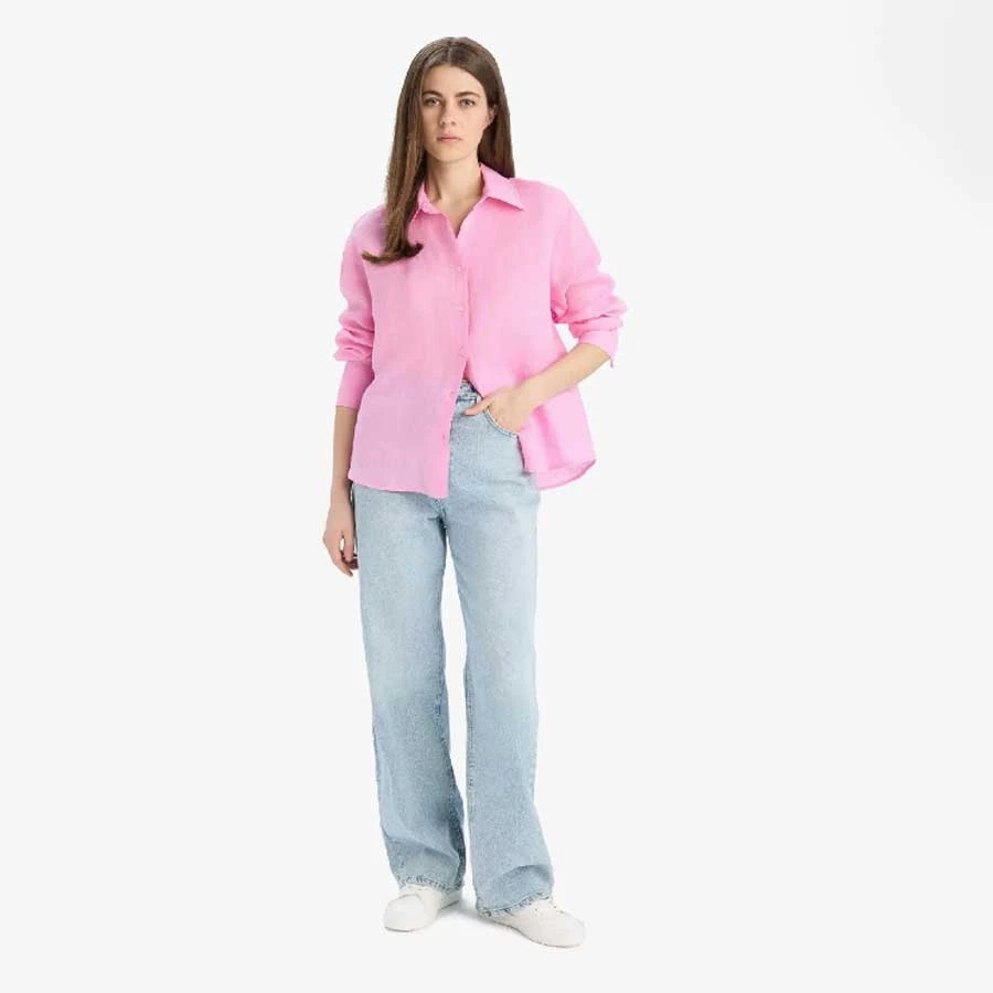 Defacto 100% Linen Oversize Wide Fit Basic Plain Pink Long Sleeve Shirt