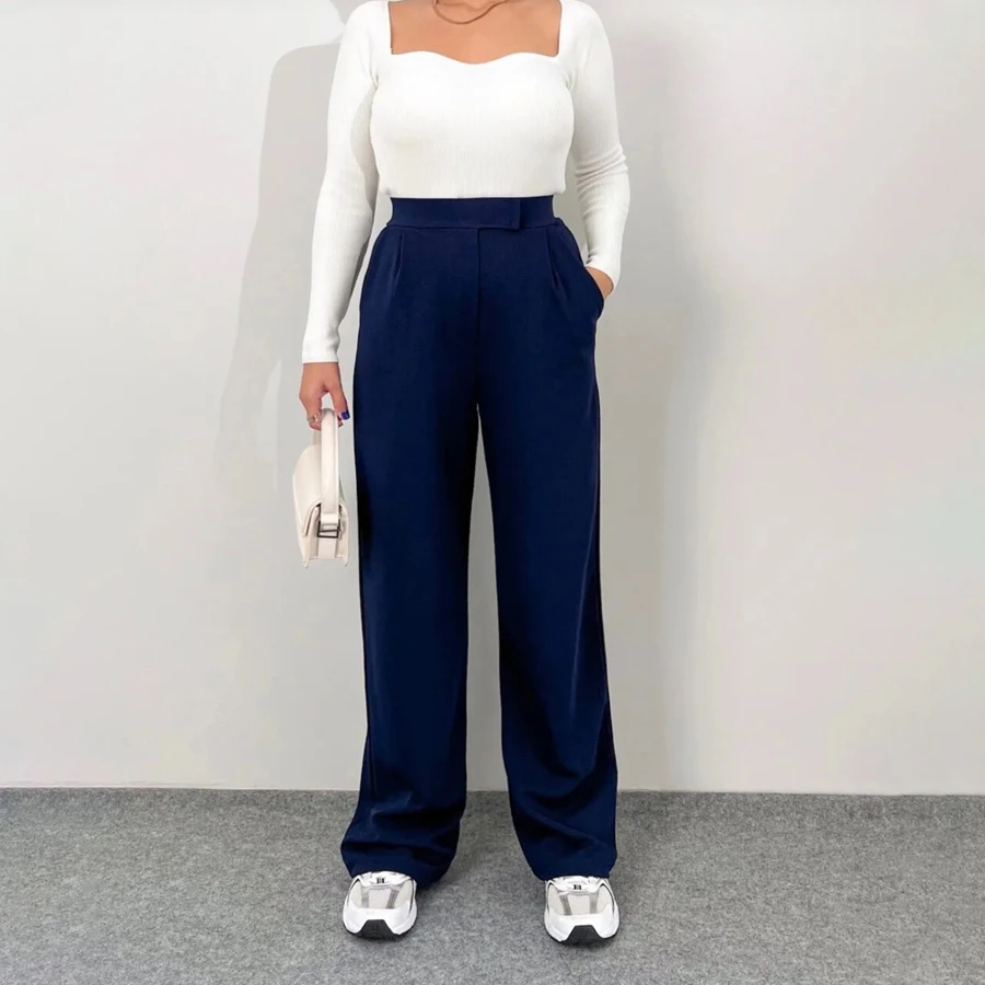 Ritnice Line Women’s Stretch Palazzo Pants – Navy Blue