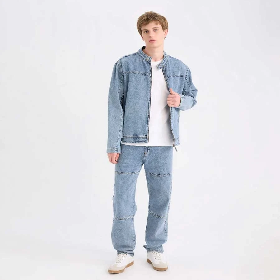 Defacto 100% Cotton College Collar Zipper Pocket Jean Jacket