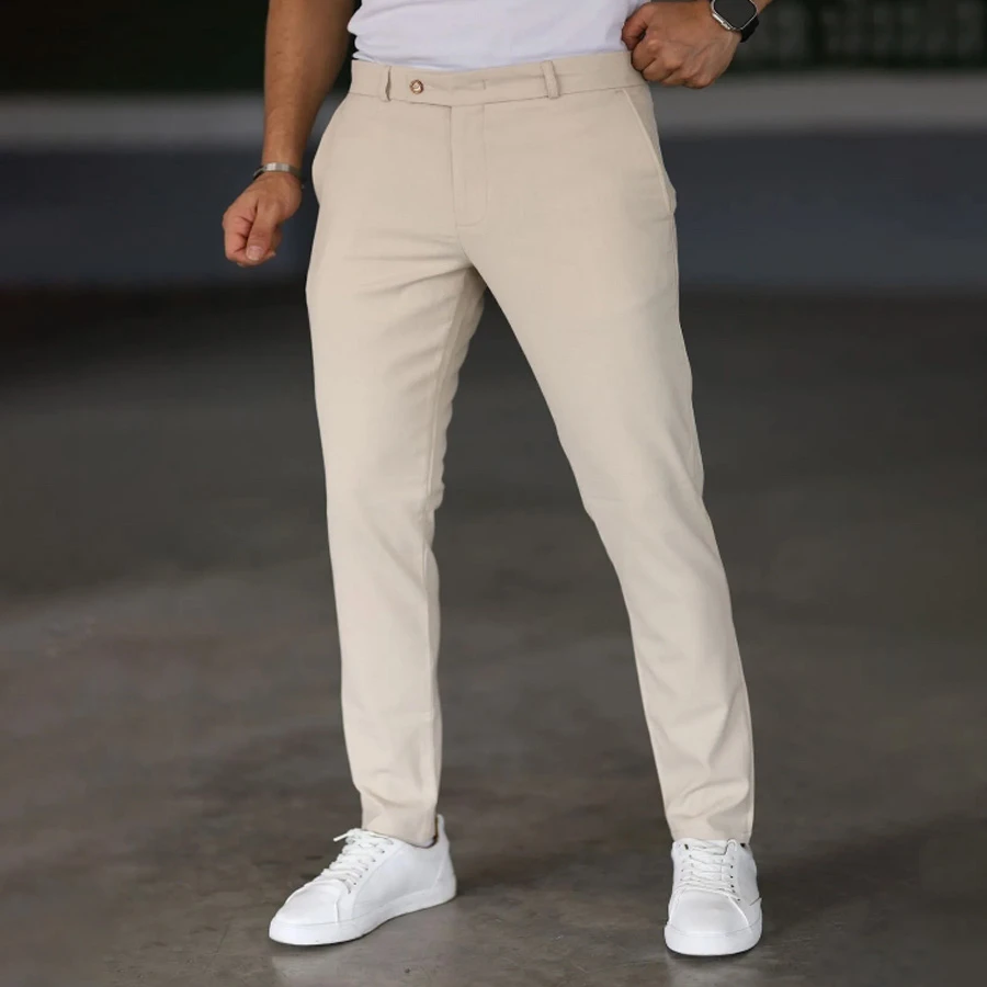 Bürke Men's Cream Color Quality Stretchy Lycra Ankle Length Fabric Trousers