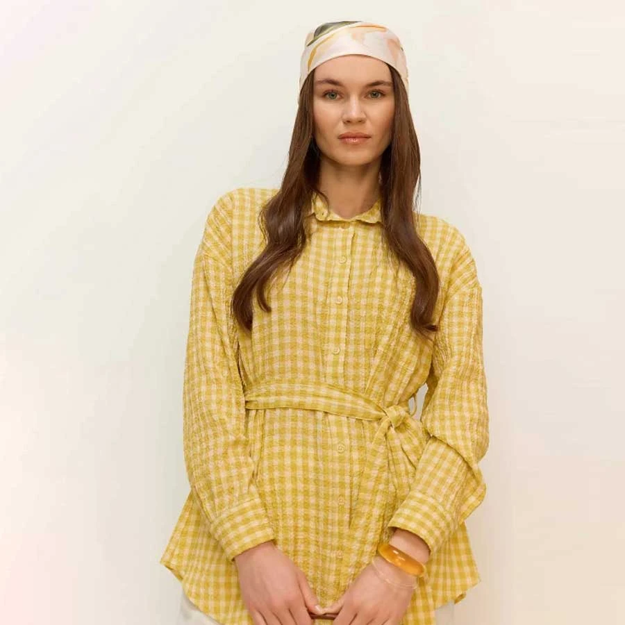 Defacto Relax Fit Gingham Seersucker Textured Belted Long Sleeve Hijab Shirt