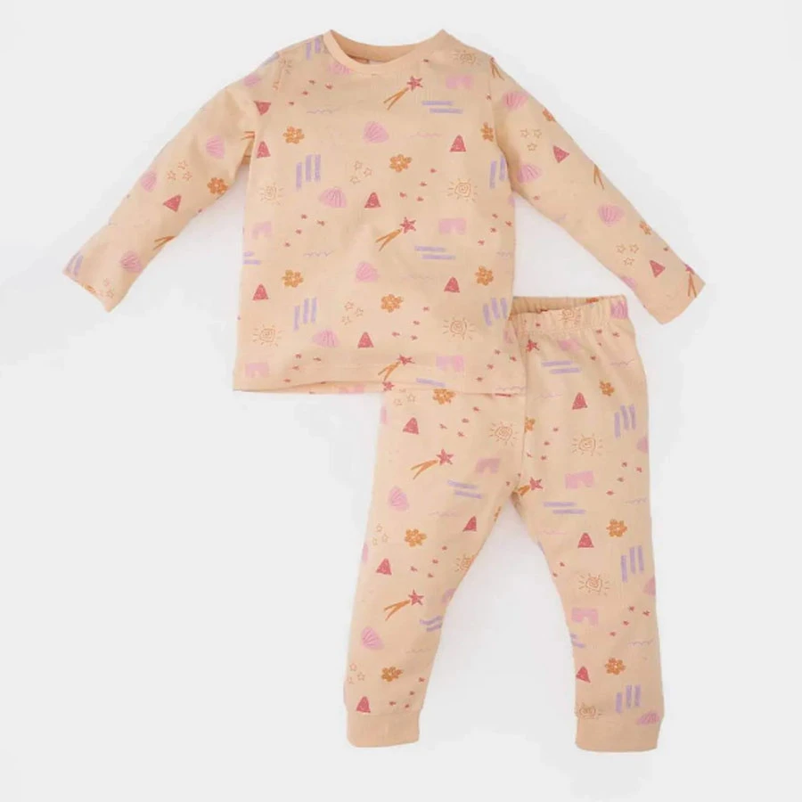 Defacto Baby Girl Pajamas Set Patterned Long Sleeve Combed Cotton Top Elastic Waist Long Bottom