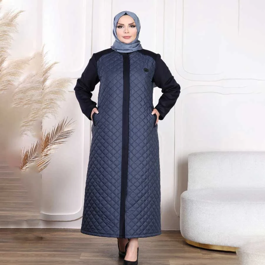 Tugrall Quilted Zippered Navy Blue Coat Hijab Full-Length Overcoat