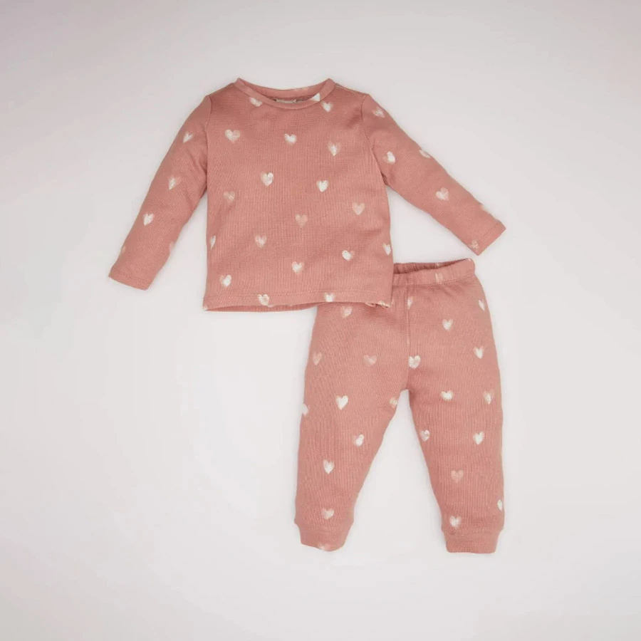 Defacto Baby Girls Pajamas Set – Heart Pattern Waffle Top & Elastic Waist Bottom