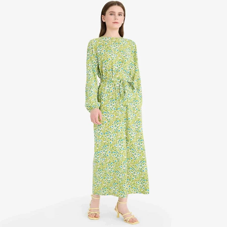 Defacto Regular Fit Crew Neck Floral Print Long Sleeve Maxi Dress